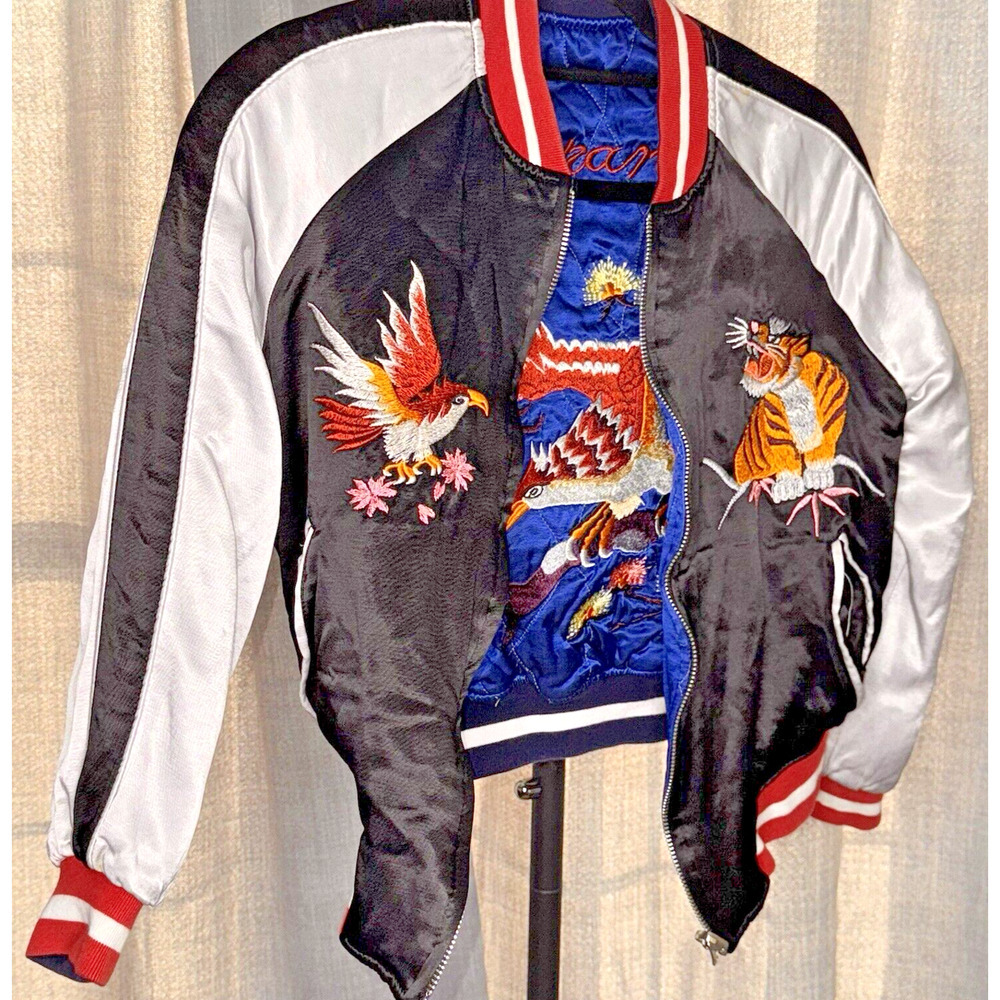Topshop Reversible Sukajan Jacket Womens Sz 4P Japan Embroiderd Tiger Bomber